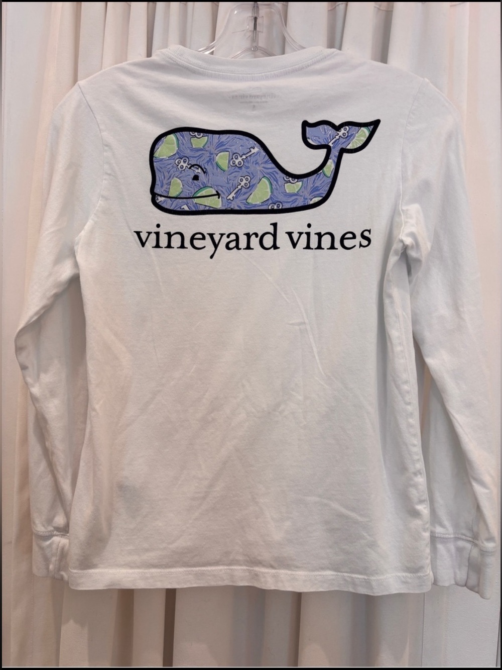 Vineyard Vines White Long Sleeve Pocket Tee with Blue Patterned Whale